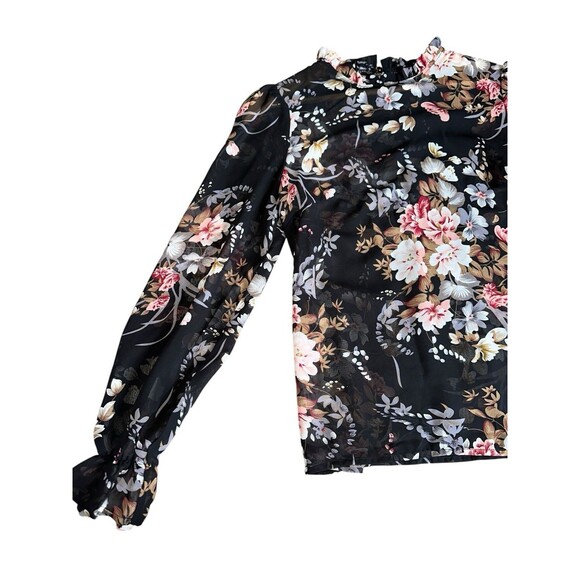 Womens Floral Sheer Blouse Black Long Sleeve Ruffle Neck Romantic Top Small - Picture 14 of 16